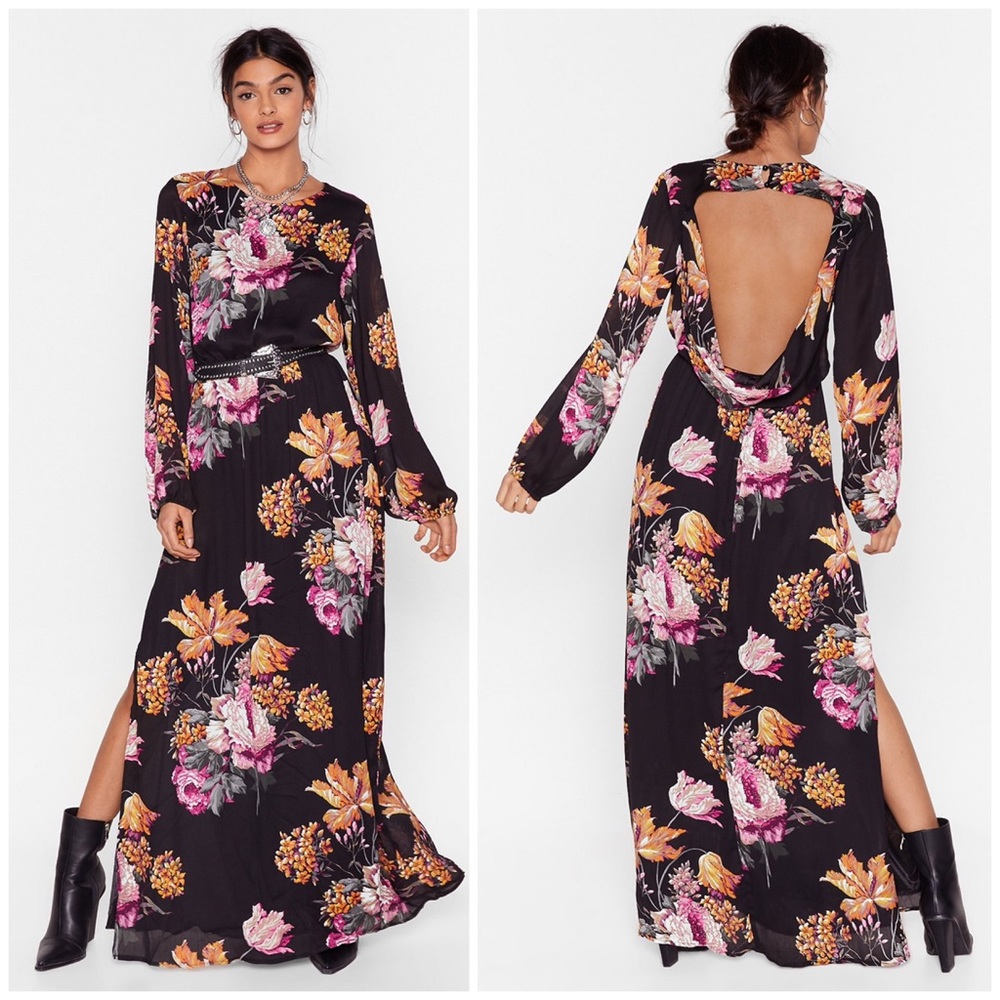 Nasty Gal Cowl Floral Midi Tea Maxi Dress Black M